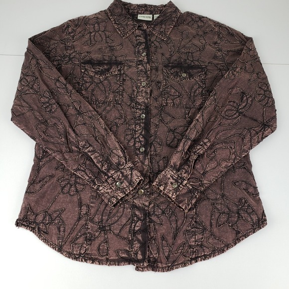 Chico's Tops - Chico's Blouse Women's Size 1 Purple Floral Frayed Embroidery Button Shirt